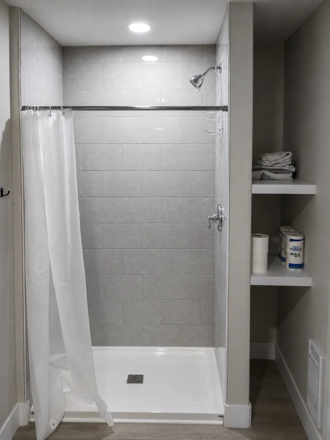 Suite walk-in shower with grey tile and built-in shelving